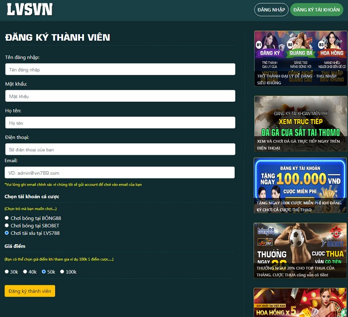 Đăng ký ngay với đại lý lvs788 để nhận được nhiều ưu đãi và phần thưởng lớn